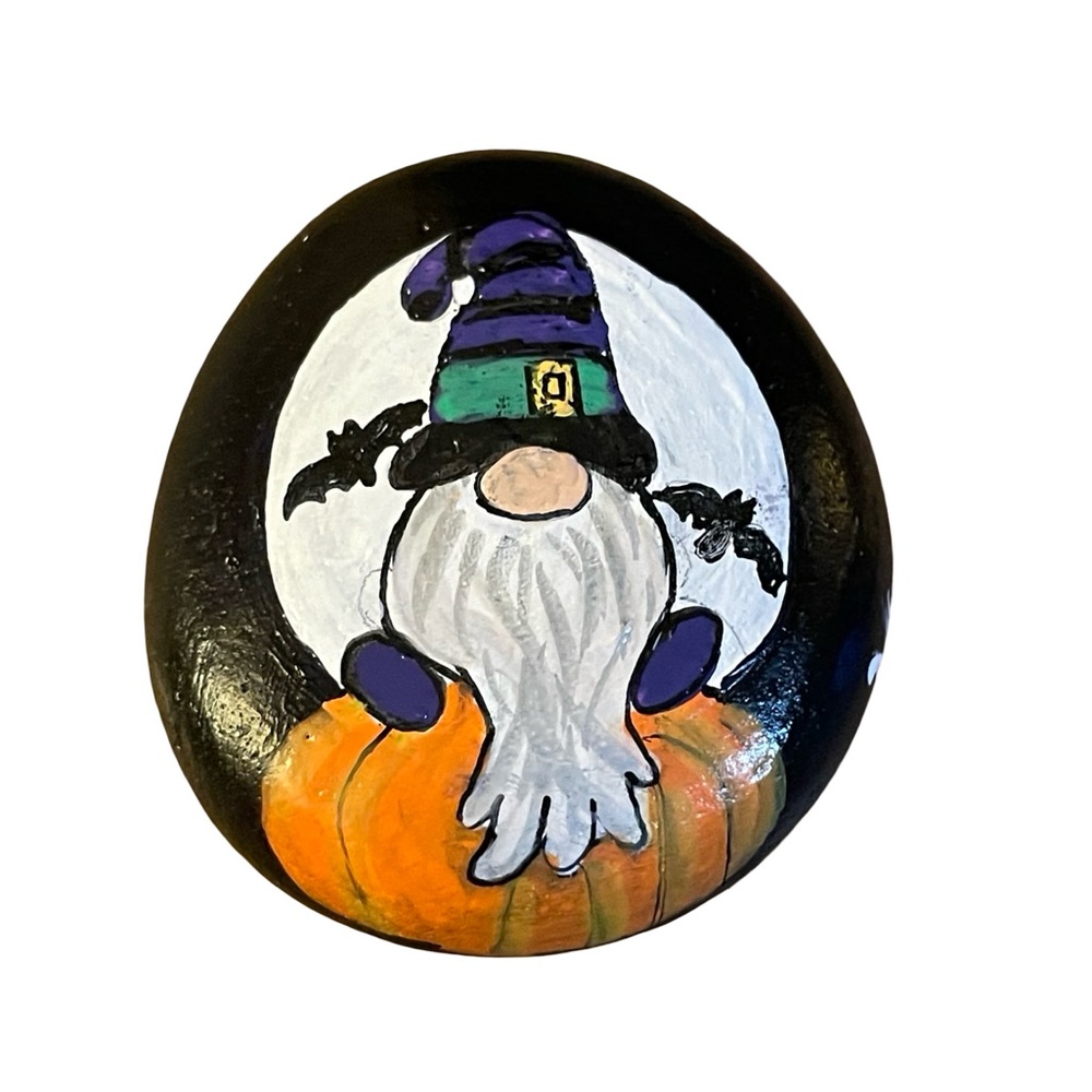 Hand crafted painted Halloween gnome rock white moon orange pumpkin black bats - Picture 15 of 15